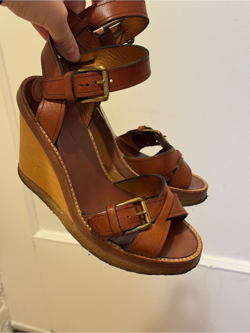 Isabel Marant Brown Leather Wedge Sandals with Buckle Straps